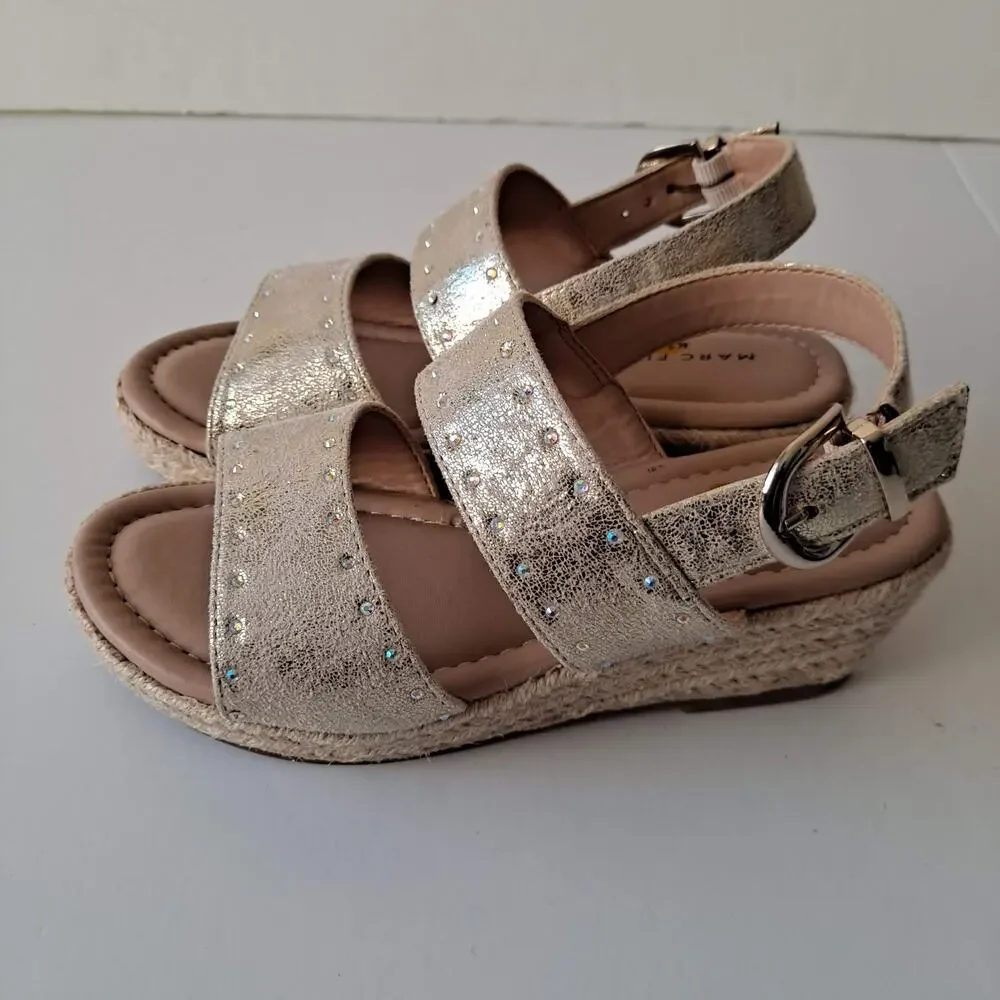 Marc Fisher Marrel Shimmer Strappy Espadrille Wedge Sandals Gold Girls Size 2